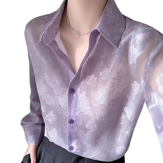 Women Shirt Lapel Long Sleeve See-through Flower Pattern Shirt Tops Single Breasted Thin Sun Protection Casual Shirt