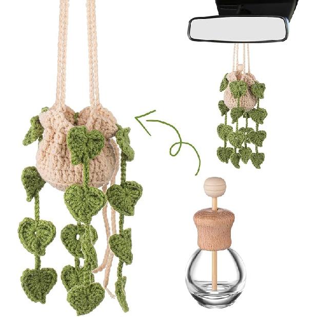 Cute Crochet Plant Car Freshener 12Ml Empty Refillable Diffuser Bottle With Plants Hanging Accessories For Rearview Mirror Home Office Decor Women