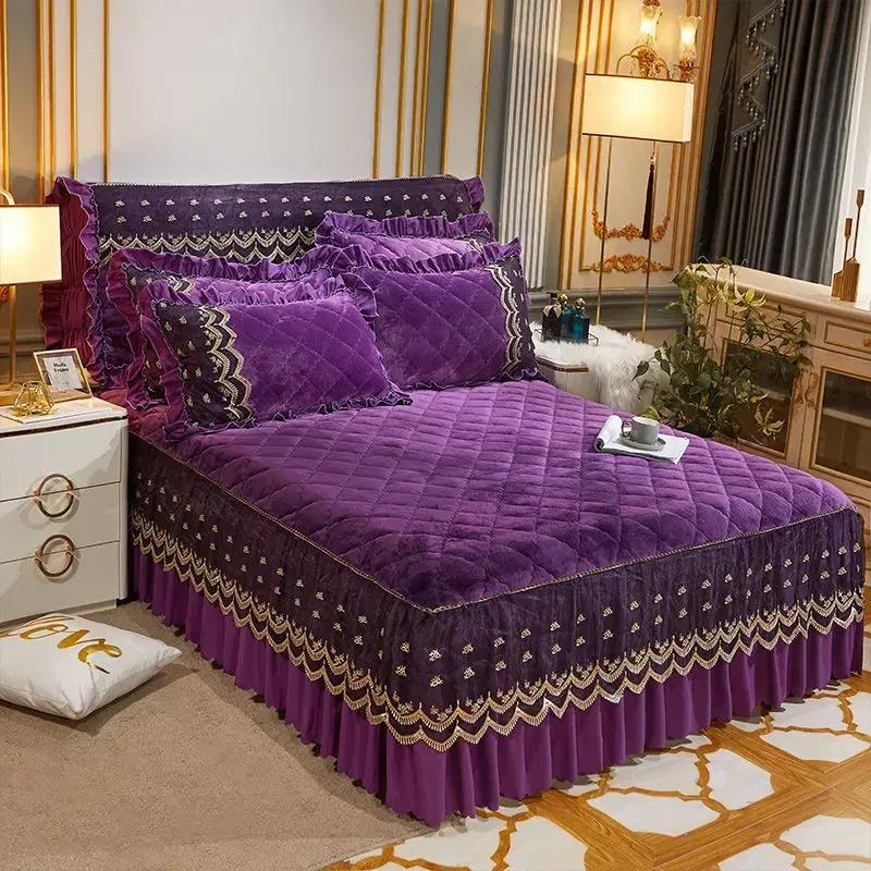 Luxury Winter Fast Warm Velvet Bed Skirt Ultra Soft Thick Flannel Quilted Bed Sheet Non Slip Bed Cover Bedspread King Size