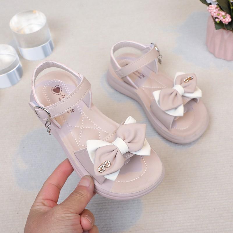 Girls Sandals With Rhinestone Bow Soft Rubber Sole Magic Tape Outdoor Play Beach Walking