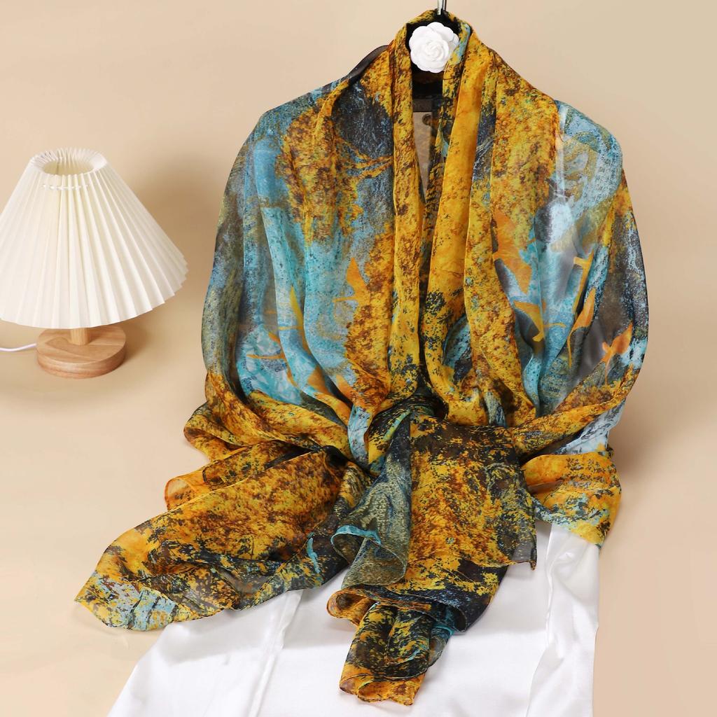 Новая летняя шаль из искусственного шелка для женщин, дышащий шелковый шарф с синим и белым фарфоровым принтом, тонкий газовый шарф для головы, шарф для матери