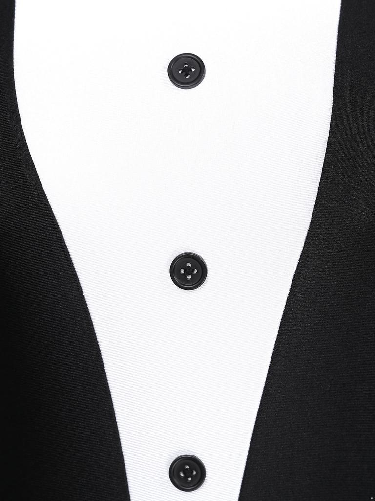 Women's Party Hostess Costume S-XXL: Stylish Contrast Tuxedo Dress Featuring Bow Buttons and Long Sleeve Ruffle Cuffs