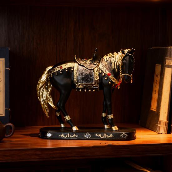 Retro Horse Statue Desktop Artistic Horse Figurine with Base Golden Painted Resin Horse Sculpture for Shelf Mantel Cabinet Display