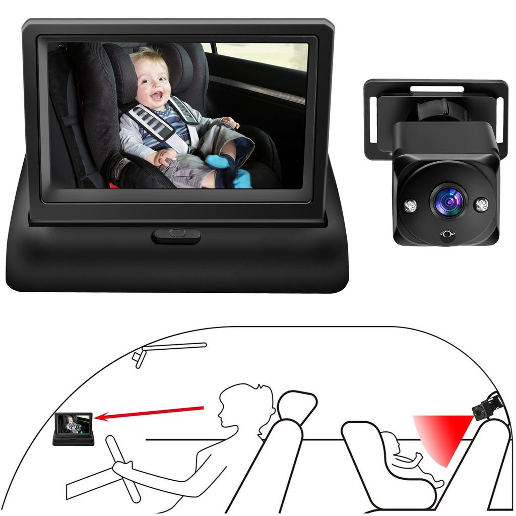 1080P Baby Car Camera, 4.3 Baby Monitor with Night Vision Function and 150 Degrees Wide View, 360 Degrees Rotation