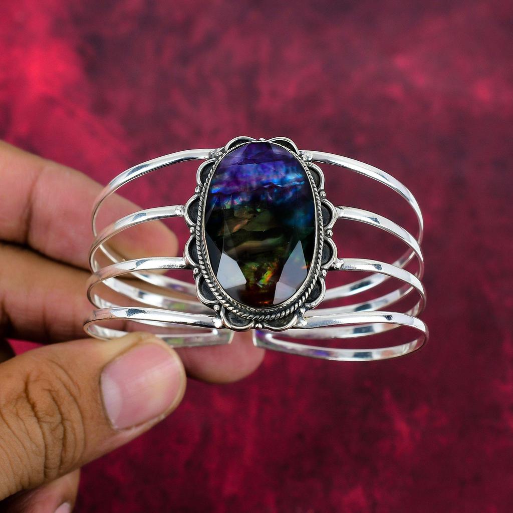 Браслет с аммолитом, драгоценный камень, ювелирные изделия ручной работы, браслет из стерлингового серебра 925 пробы, подарок жене, ювелирные изделия