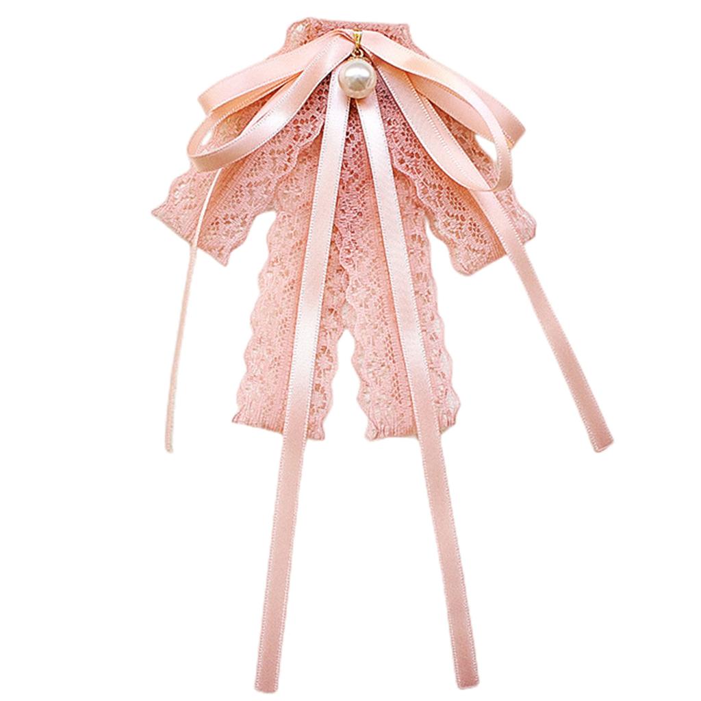Womens Lace Ribbon Bowtie Brooch Pin Student JK Uniform Shirt Jabot Collar Pearl Pendant Pre-Tied Bowknot Necktie Clip
