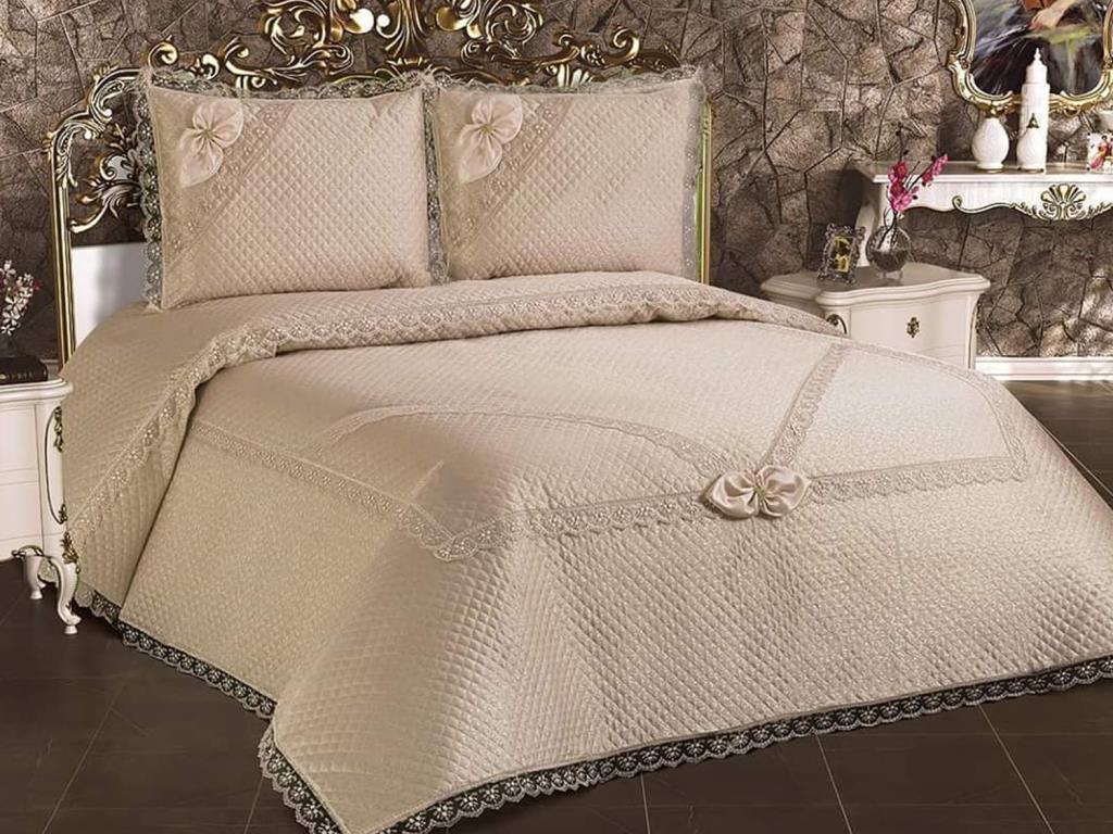 Poppy Quilted Bedding Set 3 Pcs, Coverlet Set 240x260 Pillowcase 50x70 Double Size Cappucino