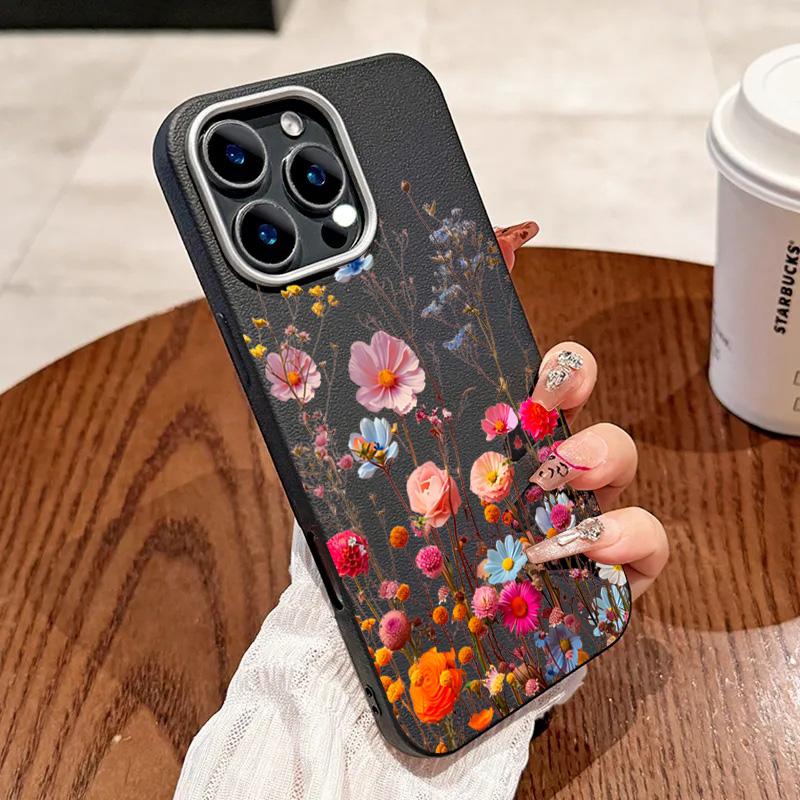 Красочный Цветочный Ударопрочный Чехол для Телефона Для iPhone 17 16 15 14 Pro Max Air 13 12 Pro 11 7 8 Plus X XS XR SE2 Кожаная Текстура Обложка