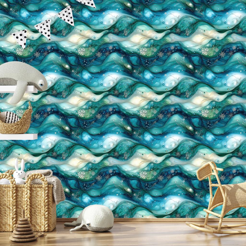 Wallpaper Ink turquoise, sea blue, navy blue and celadon 50x1000