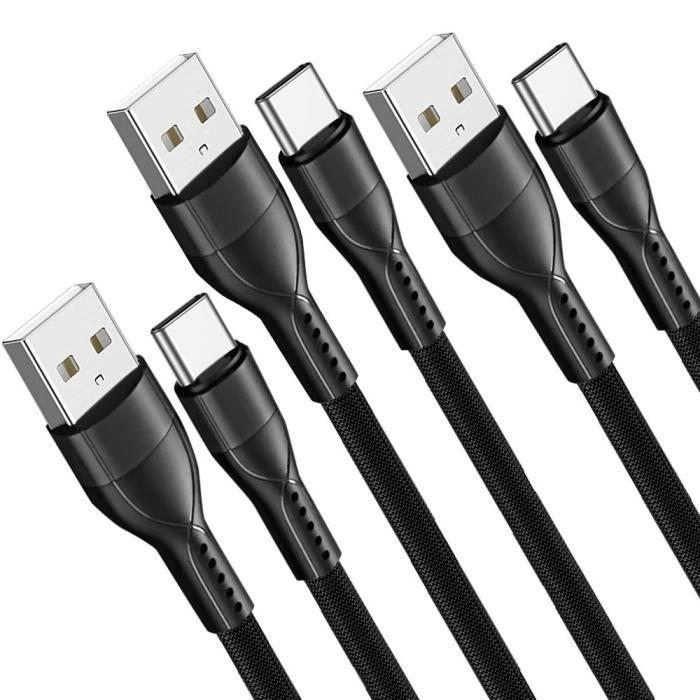Lot de 3 câbles USB-C Charge Rapide 3A pour Xiaomi Redmi Note 13 14 - Nylon Robuste 1M Noir
