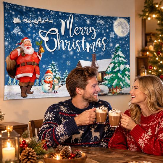 Xmas Photo Booth Prop Christmas Banner, 71x43 Inches Santa Sleigh Reindeer Snowman Backdrop for Winter Wonderland Reusable Holiday Party Decorations,