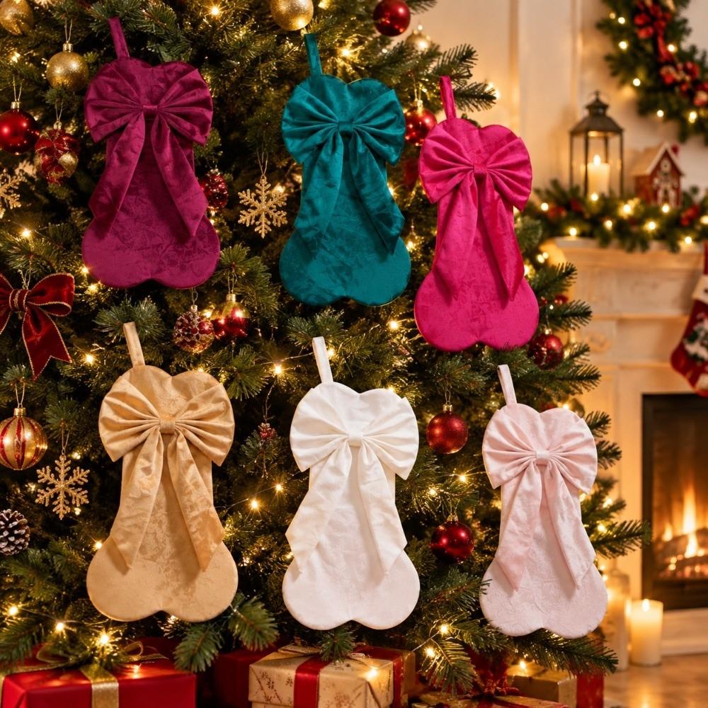 Bone Shape Bow Christmas Stocking Velvet Xmas Tree Hanging Socks Christmas Gift Bag New Year
