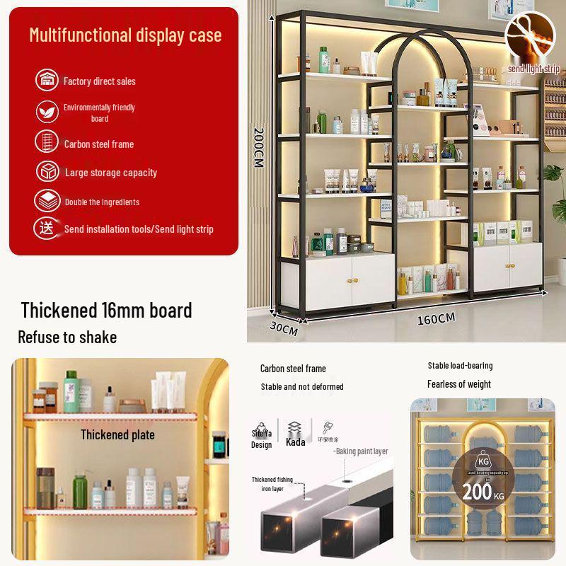 Nail Polish Display Rack: Wall-Mounted, Integrated Light, Luxury Multi-Layer Wrought Iron Shelves