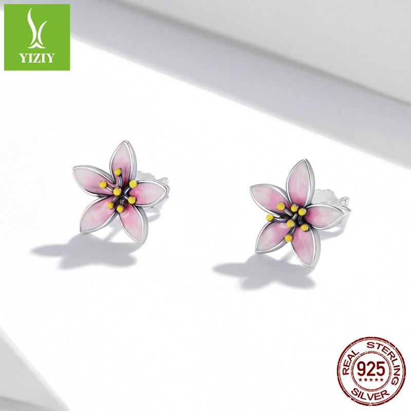 Pink Cherry Blossom S925 Silver Stud Earrings Women'S, Japanese Oil Drip Flower Earrings Earrings Sce1273