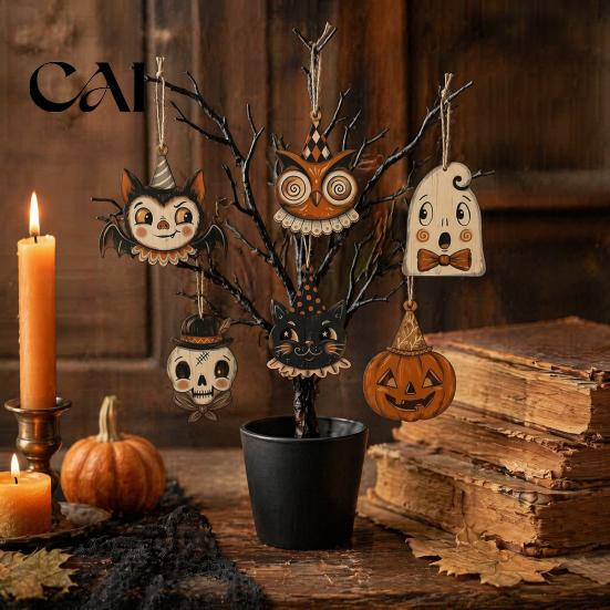 Retro Cartoon Halloween Hanging Tags 6 Pcs Vintage Wooden Ornaments, Rustic Farmhouse Cat Owl Pumpkin Skeleton Black Decor Ghost Decorations for Tree