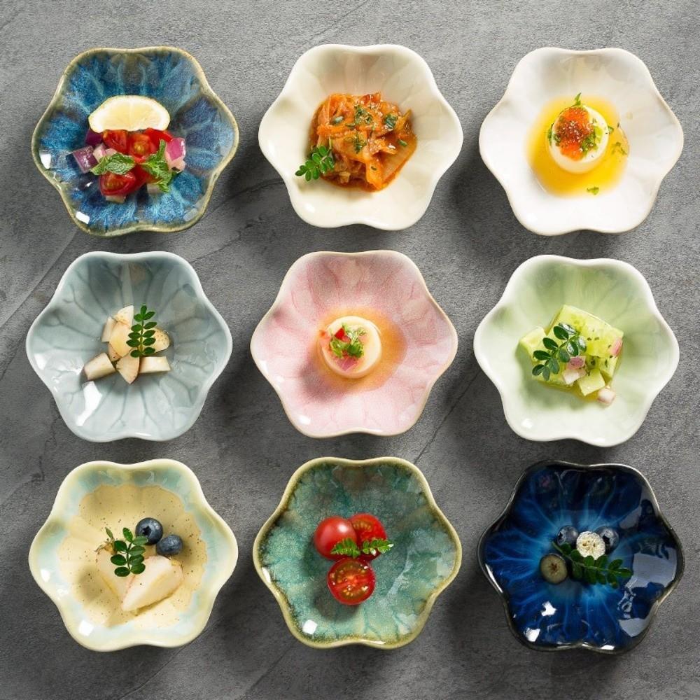 Multi-functional Japanese Style Ceramic Dipping Dish Lotus-shaped Kiln Glaze Mini Fruits Bowl Retro Sauce Dish Restaurant