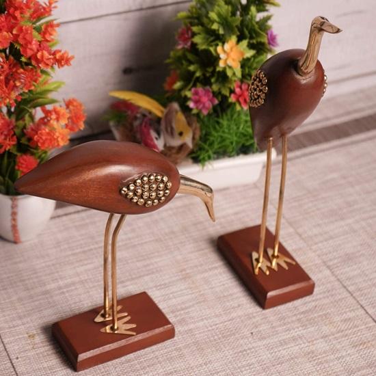 Wood and Brass Saras, Wood Antique Decorative Saras Swan Crane Love Birds Showpiece Home Decor  Set of 2