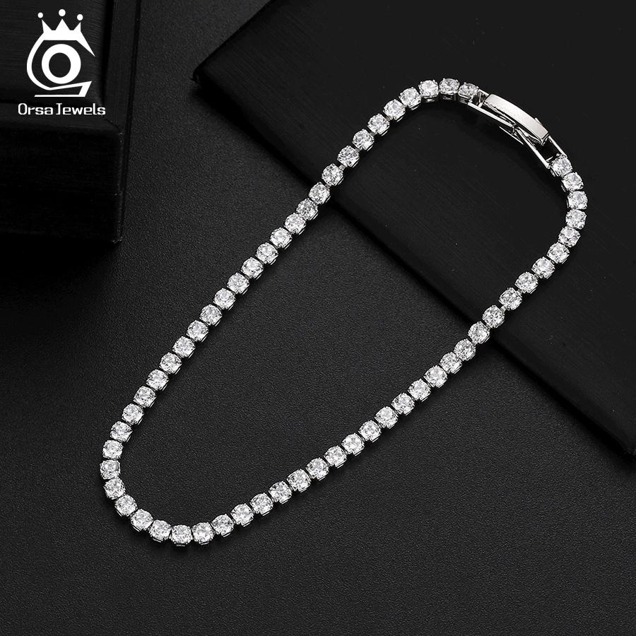 ORSA JEWELS Оригинальные браслеты-цепочки из стерлингового серебра 925 пробы, теннисные, с паве из прозрачных кубических циркониев, 14K, для девочек, на вечеринку, SB61