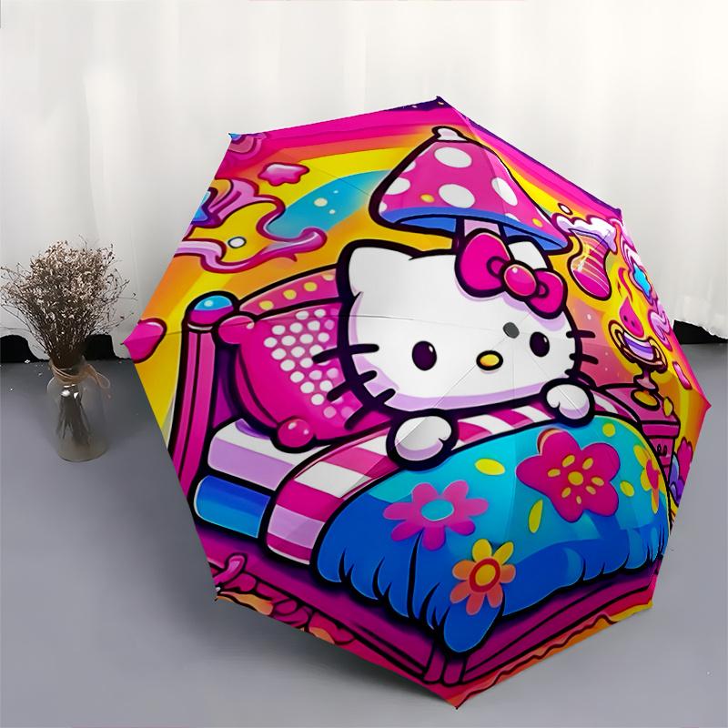 1pc Hello Kitty Mushroom Automatic Opening/Closing Umbrella - Portable Three-Fold Design with 8-Bone Iron Frame, Outdoor for Fans, Travelers, Daily Us