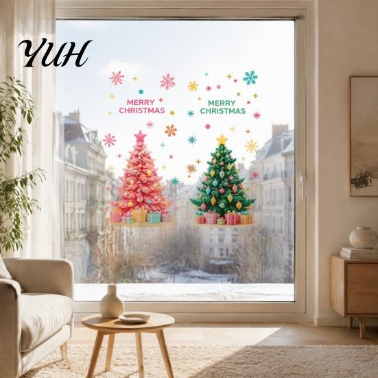 Winter Theme Wall Decor 2Pcs Pink Christmas Tree Static Window Clings, Removable Xmas Stickers Home Ornaments with Snowflake Star for Shop Cafe