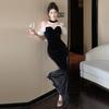 Celebrity Mesh Stitching Velvet Dress Dress with Chest Pads