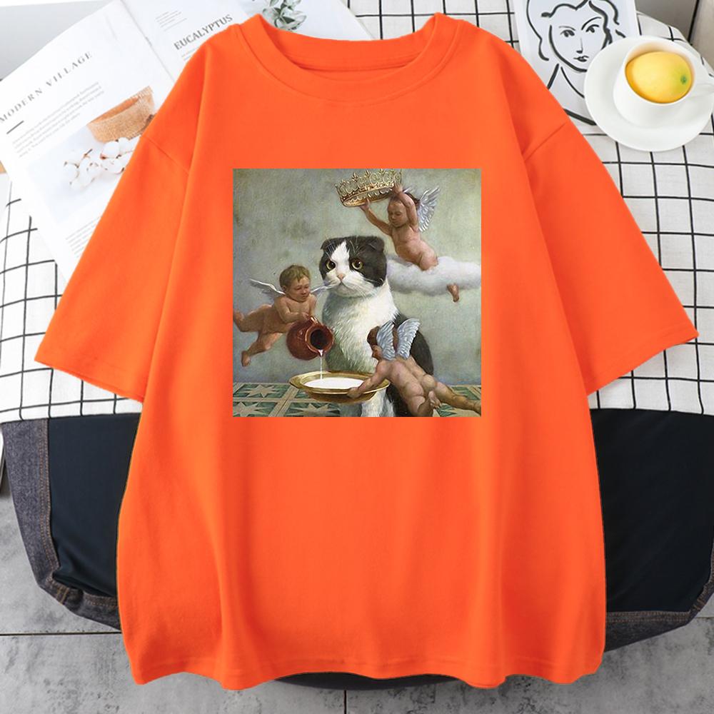 Scottish Fold Angel Crown Print Женская одежда унисекс Индивидуальные повседневные футболки с круглым вырезом All-math Loose Мужские хлопковые футболки с коротким рукавом