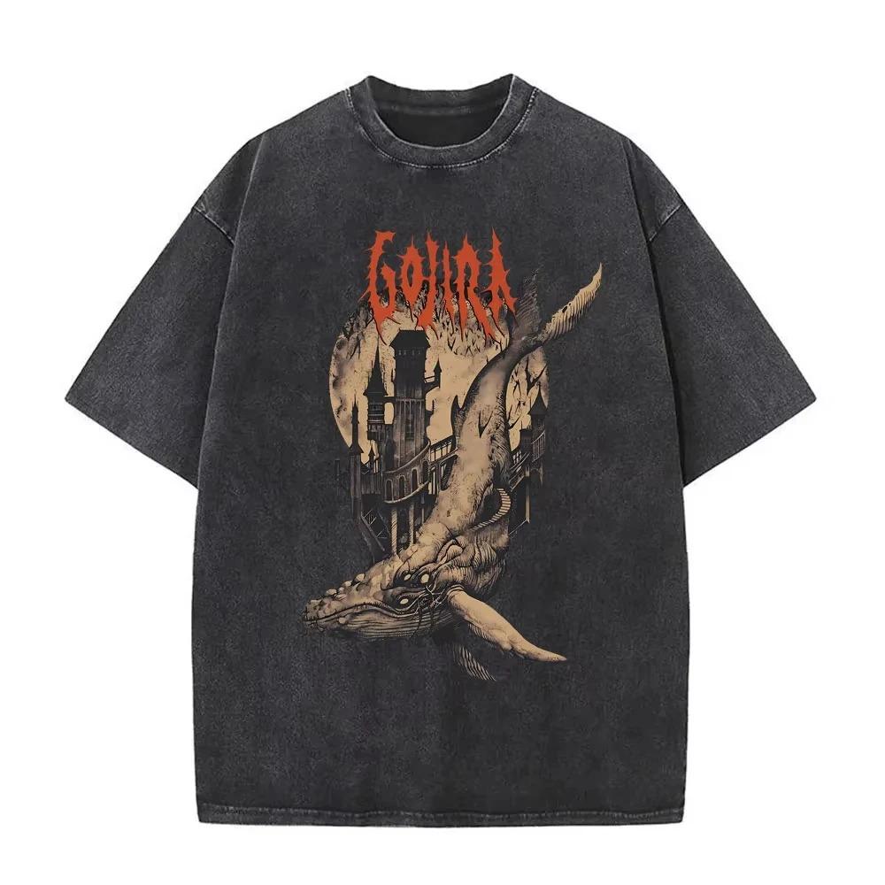 Gojira Древо Жизни Винтажная Черная Футболка Оверсайз с Двусторонним Графическим Принтом Acid Wash | Уличная Одежда для Фанатов Прогрессив-Метал Группы Мерч Футболка