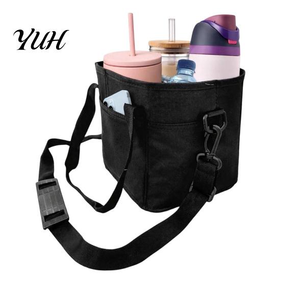 Space Saving Drink Holder for Drawer Beverage Pouch with Adjustable Strap, Reusable Waterproof 4 Cup Carrier Multi Group Orders Holder, Foldable