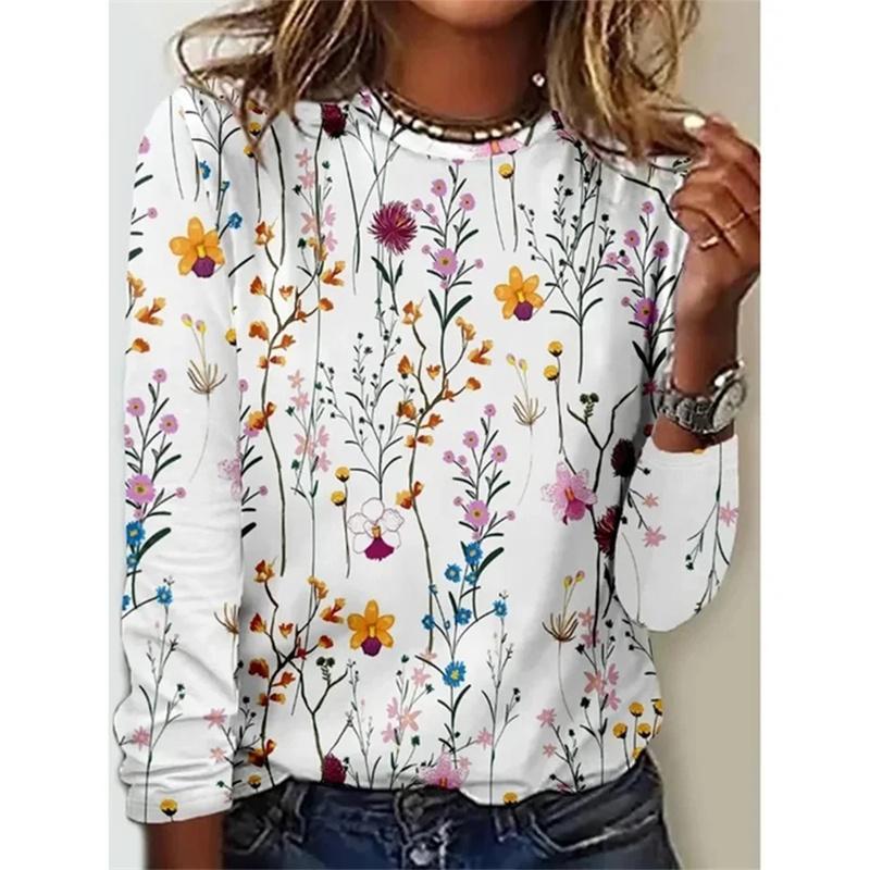 Spring and Autumn Round Neck Colorful Flower Pattern 3D Printed Top Fashionable Casual Long Sleeved Women's T-shirts