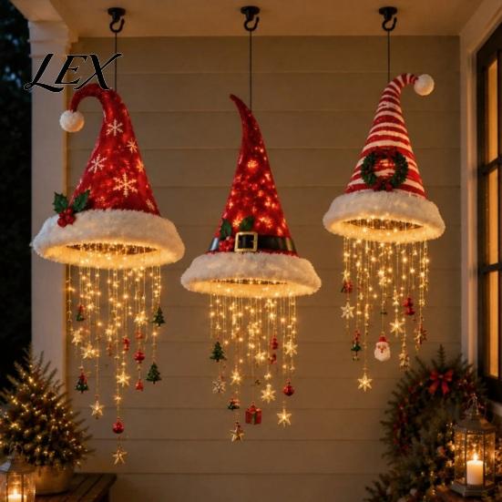 Candy Cane Striped Garland Lights Lighted Santa Hat Hanging Chandelier, Warm LED Christmas String, Sequined Cone Pendant Decor with String for