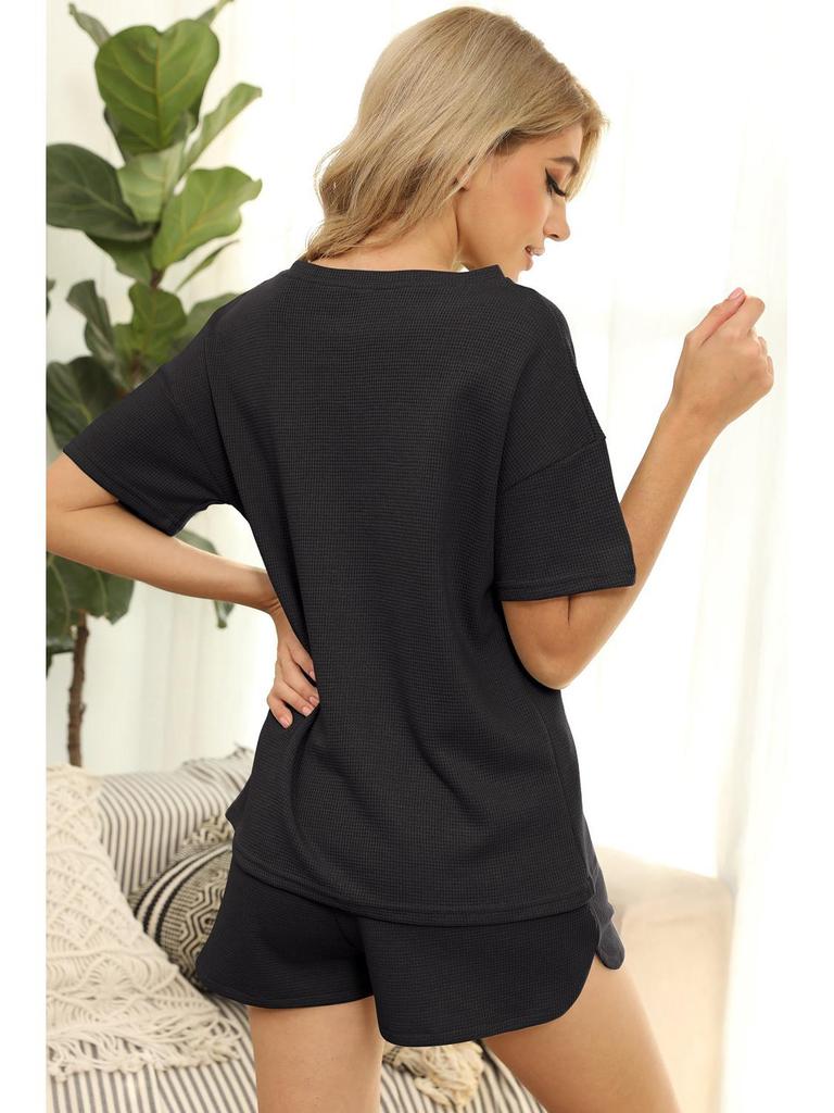 Женский повседневный трикотажный вафельный костюм-двойка 2024: Топ с коротким рукавом и шорты