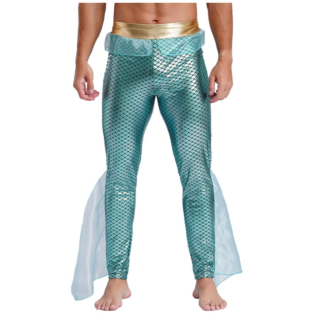 Mens Mermaid Pants King of the Seas Costume Elastic Waist Metallic Shiny Fishscale Print Tights Leggings for Halloween Cosplay