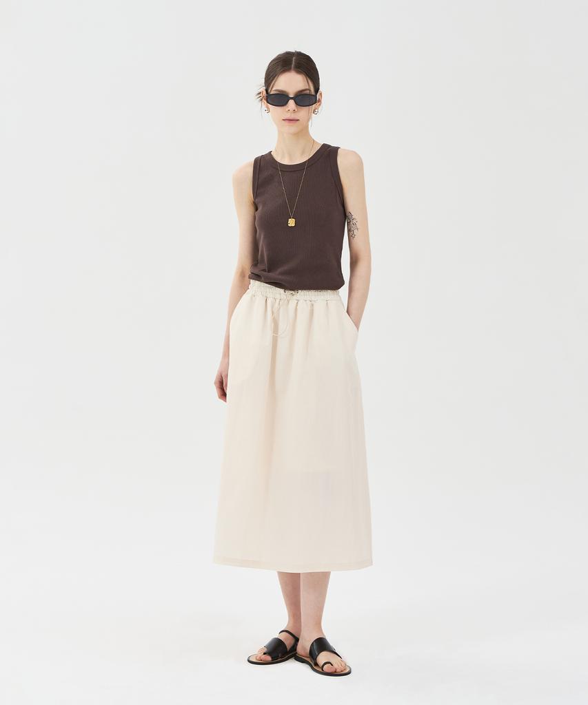 Pin Black Drawstring Elastic Skirt Ivory