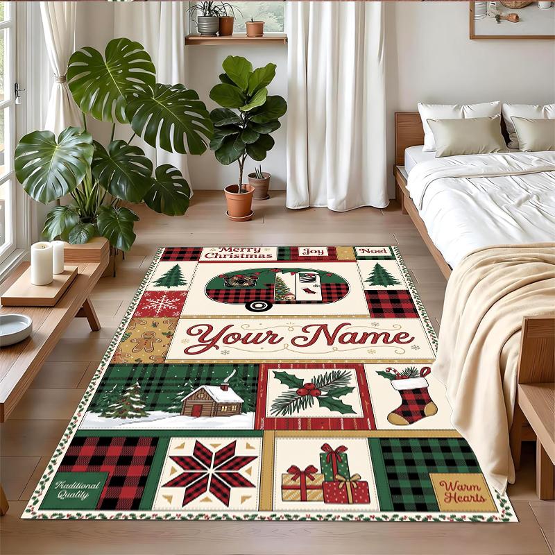 Christmas Custom Name Printed Square Area Rug Soft Non Slip Floor Carpet For Bedroom Holiday Gift