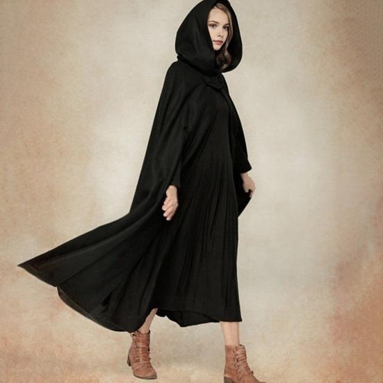 Winter Women Jacket with Hood Medieval Retro Cape Gothic Keep Warm Shawl Ankle Length Loose Cloak Thick Single-Button Closure Poncho Pirate Robe