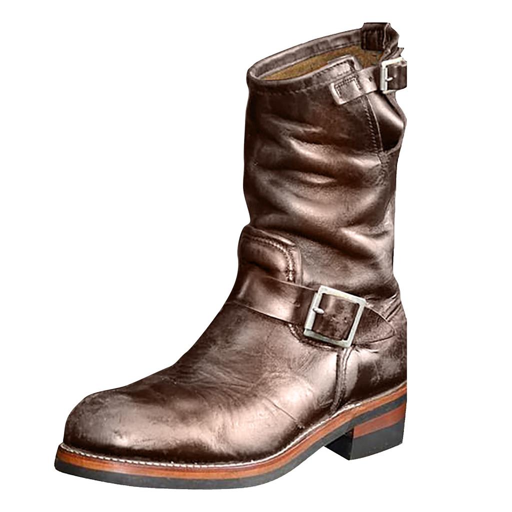 Men's Leather Round Head Middle Top Cowhide Cowboy Boots Flat Bottomed Boots
