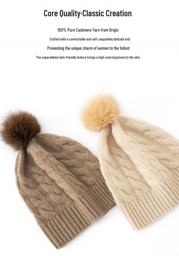 Women's 100% Cashmere Pom-Pom Hat - Three-Strand Winter Knit, Versatile Cable, Warm Ear Protection