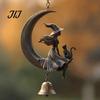 Unique Holiday Porch Decorations Halloween Witch And Black Cat Moon Wind Chime, Vintage on Crescent Metal Hanging Bell Decor Bell, Gothic Ornament for