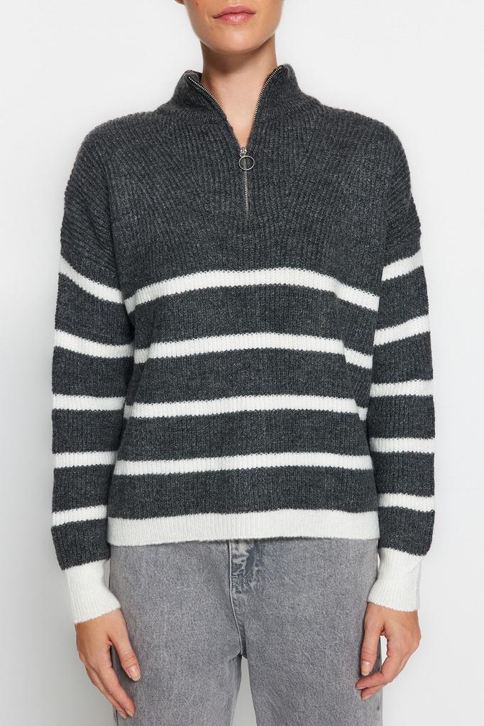 Женский свитер в элегантном стиле, мягкий текстурированный трикотаж в полоску на молнии, свитер с камнем