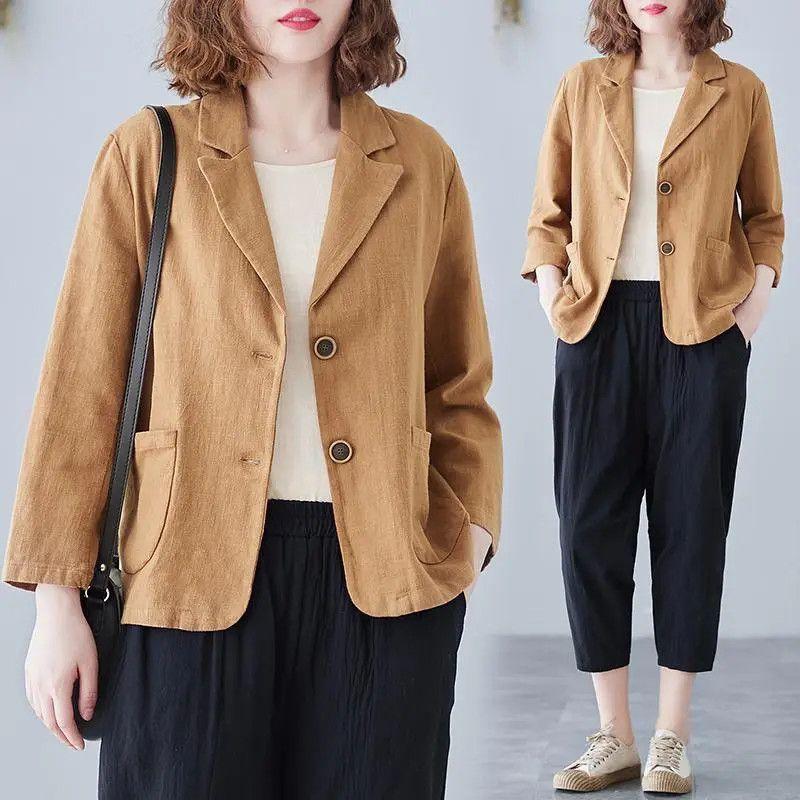 Хлопковый и льняной костюм, короткая куртка для женщин, художественный свободный повседневный костюм большого размера с длинными рукавами, топ