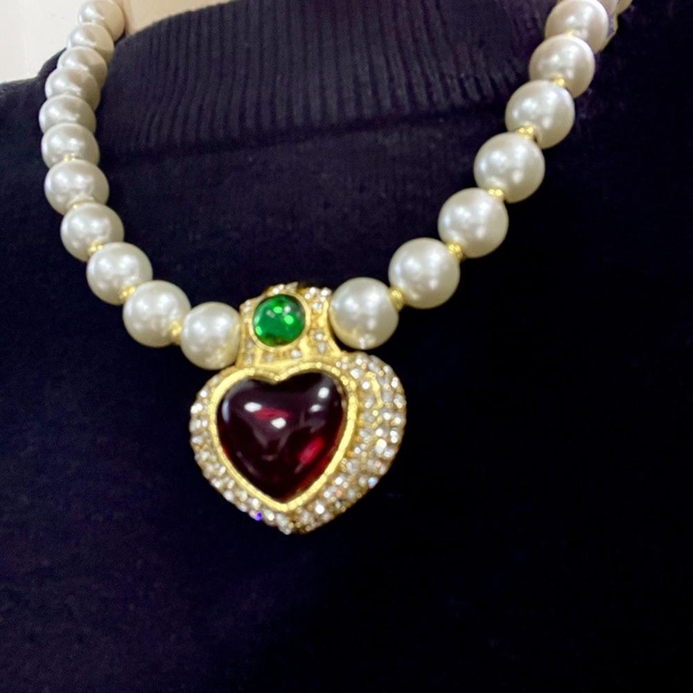 Жемчужный чокер Жемчужная цепочка Ожерелье Винтажная жемчужная цепочка для ключиц Подвеска в виде красного хрустального сердца Подарок