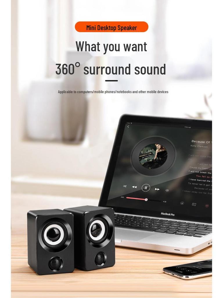 Compact Desktop Wired Subwoofer Speaker for Laptop and Home Use