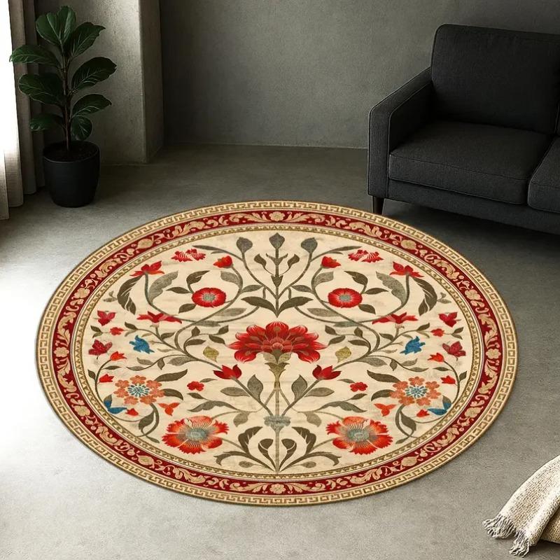Red Oriental Tribal Geometric Round Rug Non Slip Washable Mat For Living Room