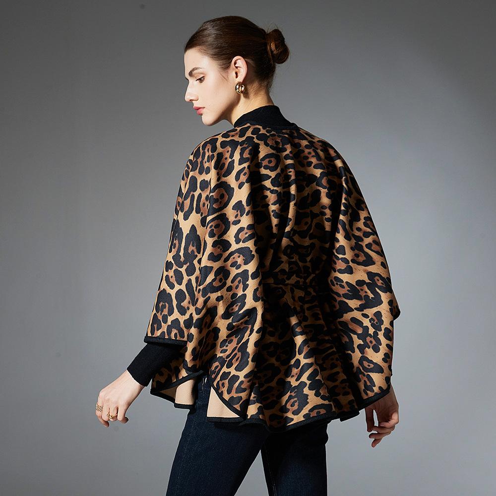 Women Leopard Print Cape Shawl With Belt, Casual Warm Wrap Poncho Coat For Autumn Winter