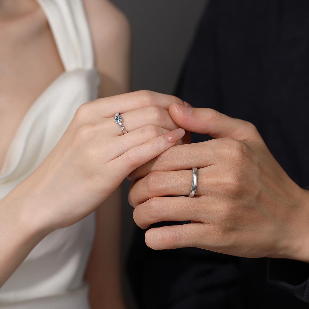 S925 Sterling Silver Moissanite Couple Ring Set D Color Ultra White Three Stone Moissanite Engagement Adjustable Promise Rings