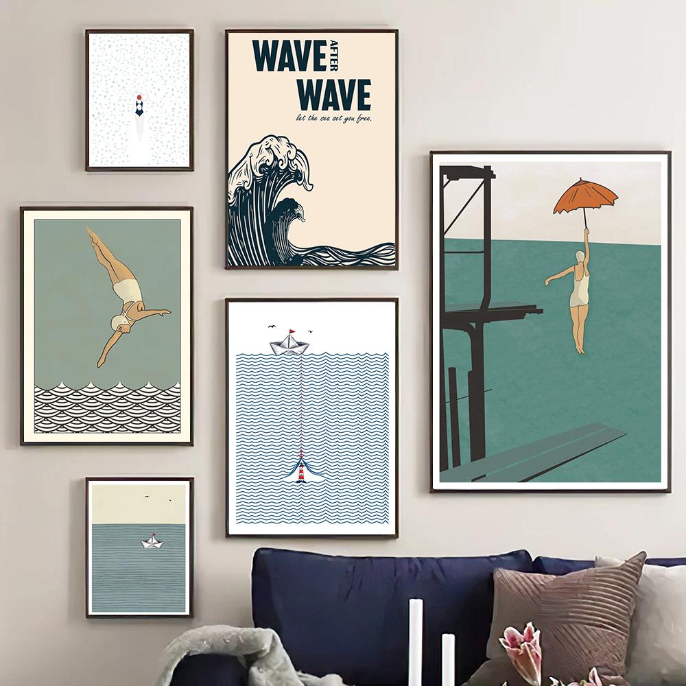 Surfer Wave Canavs живопись плавающая женщина в листьях принты скандинавский морской оригами лодка морской плакат домашний художественный декор фотографии
