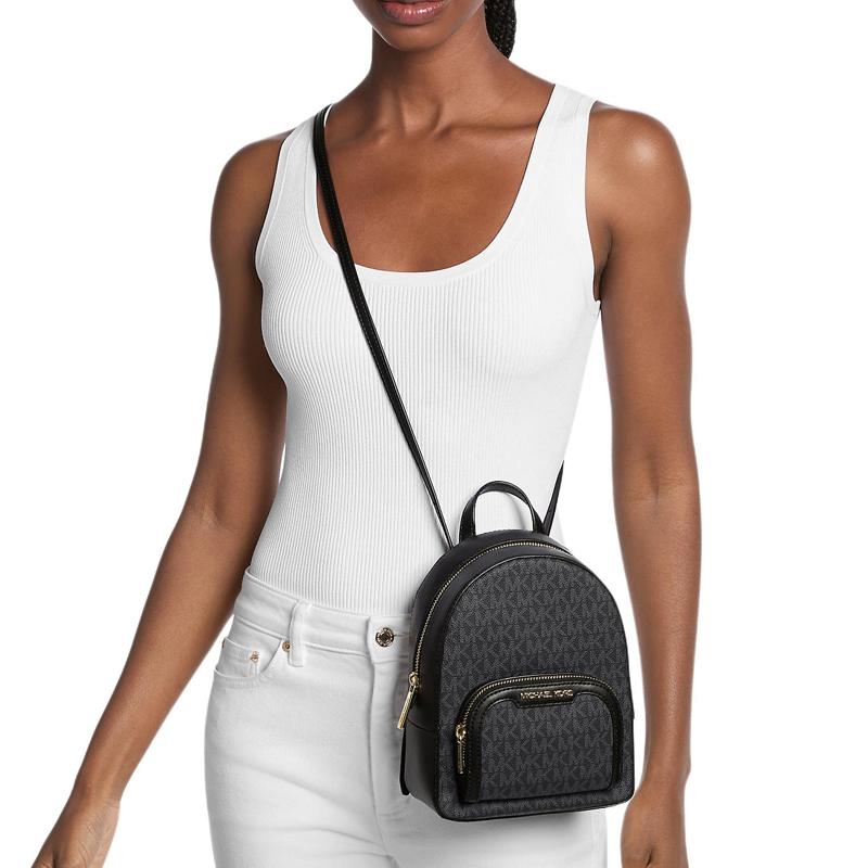 Michael Kors Jaycee Логотип Классическая Золотая Фурнитура Рюкзак из Покрытого Холста Мини Женский Черный