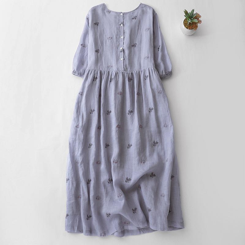2025 лето новое свободное платье большого размера с качелями детское вышитое платье из хлопка и льна с круглым вырезом и рукавами семь четвертей