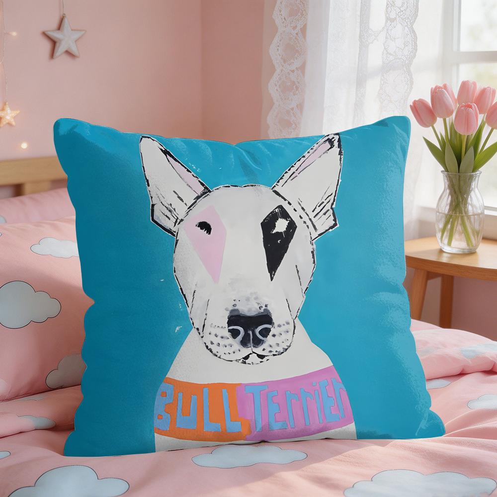 Cartoon Bull Terrier Series Cushion Cover Square Short Plush Pillow Case Living Room Sofa Home Decor Funda X
