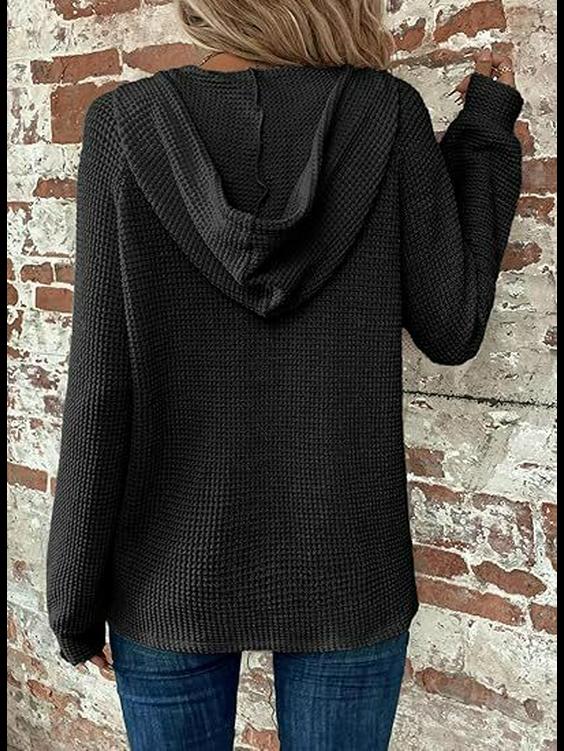 Женская толстовка с капюшоном из вафельной ткани с V-образным вырезом и пуговицами на завязках, с длинным рукавом